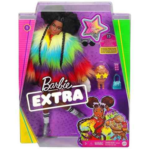 Barbie Extra Baba szivárványos szőrmekabátban kiskedvenccel - Mattel ...