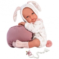 Llorens: Bimba újszülött lány baba nyuszis ruhában, hordozóval 35cm