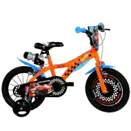 Hot Wheels 14” gyerek bicikli kulacstartóval és oldalkerekekkel narancssárga-fekete színben – Dino Bikes kerékpár