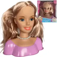 Fésülhető szőke hosszúhajú babafej hajcsavarokkal és kiegészítőkkel