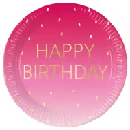 Rózsaszín színű szülinapi "Happy Birthday" feliratú papírtányér 8db-os szett 23cm