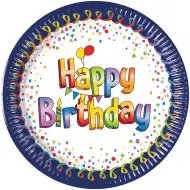 Színes szülinapi "Happy Birthday" feliratos papírtányér 8db-os szett 20cm