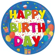 Vidám színes szülinapi "Happy Birthday" feliratú papírtányér 8db-os szett