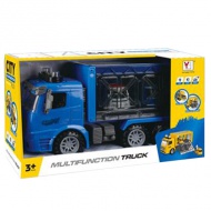 Lendkerekes rendőrautó szállító kamion +2db rendőr autóval 1:14-es méretarányban fény és hang effektekkel