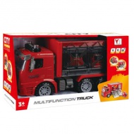 Lendkerekes tűzoltóautó szállító kamion +2db tűzoltó autóval 1:14-es méretarányban fény és hang effektekkel