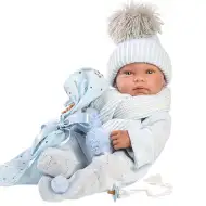 Llorens: Tino 43cm-es újszülött fiú baba kék babapléddel, cumival és 3db különböző ruhával