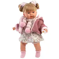 Llorens: Alexandra 42cm-es síró baba cumival rózsaszín kötött kabátban és virágos szoknyában