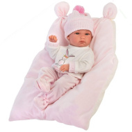 Llorens: Bimba újszülött lány baba párnával, kötött sapkával 35cm
