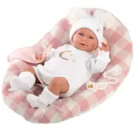 Llorens: Mimi Llorana 42cm-es síró újszülött baba kockás ággyal