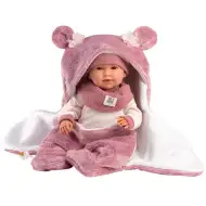 Llorens: Mimi 42cm-es síró baba rózsaszín macifüles puha hálózsákkal