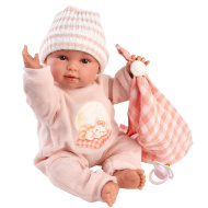 Llorens: Olivia 38cm-es síró baba kockás takaróval