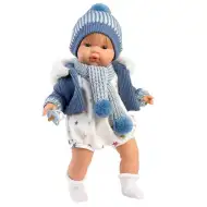 Llorens: Sasha 38cm-es síró baba cumival kék kabátban bojtos sállal