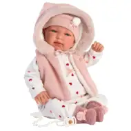 Llorens: Tina 44cm-es síró baba kapucnis rózsaszín mellényben