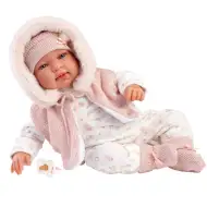 Llorens: Tina 44cm-es újszülött baba rózsaszín kapucnis mellényben