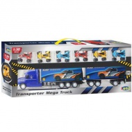 Autószállító kék kamion utánfutóval és 6db autóval 1/30