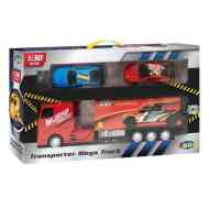 Autószállító piros kamion 2db autóval 1/30