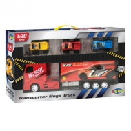 Autószállító piros kamion 3db autóval 1/30