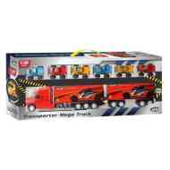 Autószállító piros kamion utánfutóval és 6db autóval 1/30