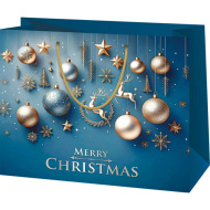 Merry Christmas arany-ezüst díszgömbökkel és rénszarvasokkal kék színű közepes méretű ajándéktáska 18x23x10cm