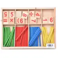 Fa számoló doboz számokkal és színes pálcákkal