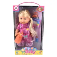 Szőkehajú baba cumisüveggel, kiegészítőkkel és hanggal