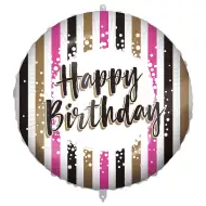 Szülinapi fólia lufi – „Happy Birthday” felirattal, arany-fekete-rózsaszín csíkos design 46cm