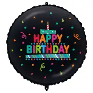 Szülinapi fólia lufi – „Happy Birthday” felirattal, tortás-konfettis, fekete alapon 46cm