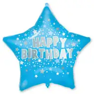 Szülinapi fólia lufi – Kék csillagos „Happy Birthday” felirattal 46cm