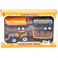 Traktor sárga színben háromféle utánfutóval