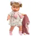 Llorens: Alexandra 42cm-es síró baba cumival rózsaszín kötött kabátban és virágos szoknyában