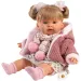 Llorens: Alexandra 42cm-es síró baba cumival rózsaszín kötött kabátban és virágos szoknyában