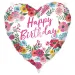 Szülinapi fólia lufi – „Happy Birthday” felirattal, szív alakú, virágos mintával 46cm